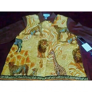 Diane Gilman 100% Silk Blouse Womens Size L Safari Long Sleeve Sequins Brown 041